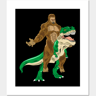 Funny Bigfoot Riding Dinosaur Posters and Art